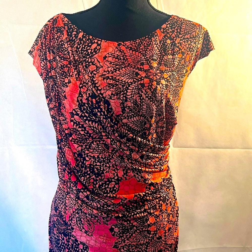 Connected Apparel Faux Wrap Midi Dress Size 16. Color - Orangish Black Pattern - Picture 4 of 7
